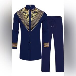 Mens 2 Piece Set Gold Stamp Printed Dashiki Shirt and Pants Outfit